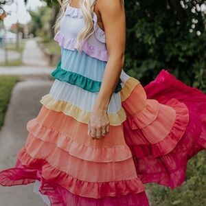 Storia rainbow tiered colorful ruffled flowy dress with adjustable straps M